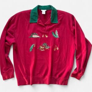 Koret Vintage 90's Embroidered Red Long-Sleeve Collared Sweater